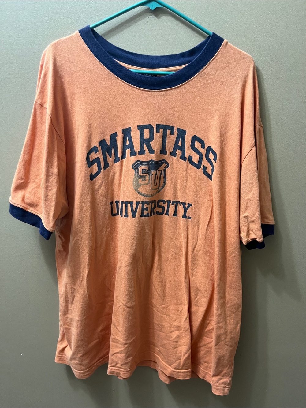Smartass University Steve & Barry's Peach Ringer Tee with Navy Trim Graphic